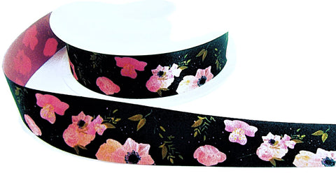 R0196 25mm Black-Pink-Green Flowery Print Satin Ribbon by Berisfords