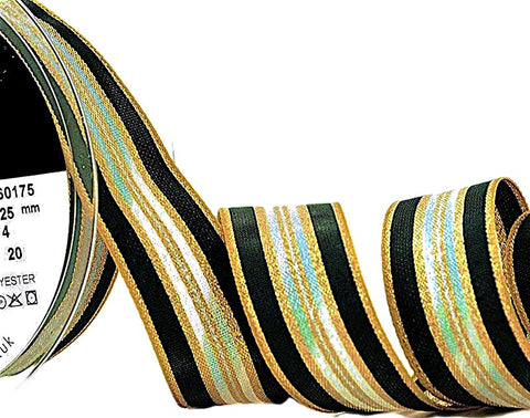 R0317 25mm Gold-Black-Iridescent Metallic Stripe Ribbon by Berisfords