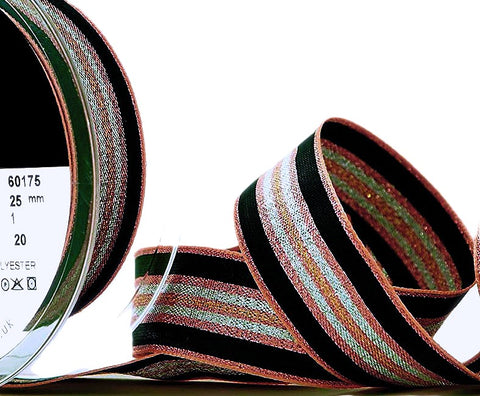 R0321 25mm Rose Gold-Black-Silver Metallic Stripe Ribbon by Berisfords