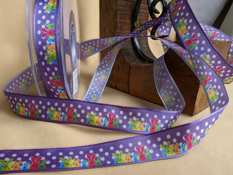 R0452 16mm Violet Spotty Taffeta Easter Bunny Print Ribbon, Berisfords