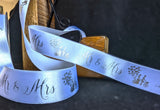 R0496 25mm White-Silver Mr & Mrs Wedding Print Satin Ribbon, Berisfords