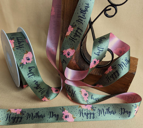 R0533 25mm Green-Pink Flower Print-Happy Mother's Day Satin Ribbon