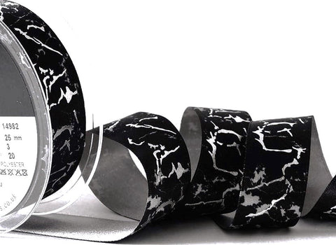 R0801 25mm Black-Grey-Metallic Silver Marble Print Ribbon, Berisfords