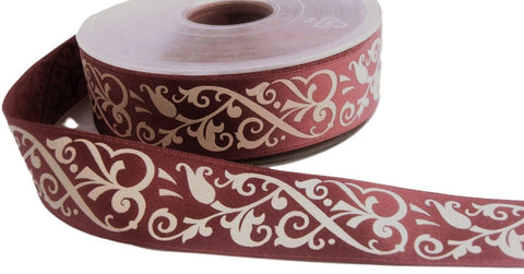 R0937 25mm Raspberry Pink Satin Ribbon with an Embossed Ivory Design