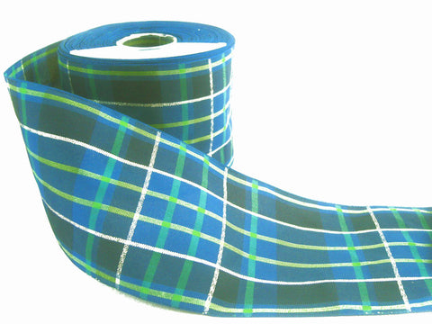 R1051 75mm Blues-Green Tartan Ribbon with Thin Metallic Silver Stripes