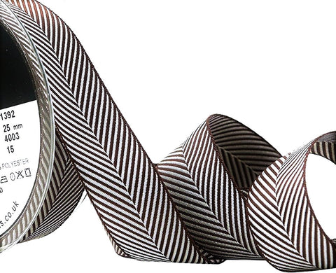 R1075 25mm Brown Herringbone Woven Jacquard Ribbon, Berisfords