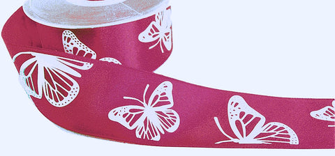 R1202 40mm Pink Satin-White Embossed Butterfly Ribbon, Berisfords