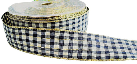 R1292 24mm Navy-Natural Cream Gingham Ribbon-Gold Metallic Stripes