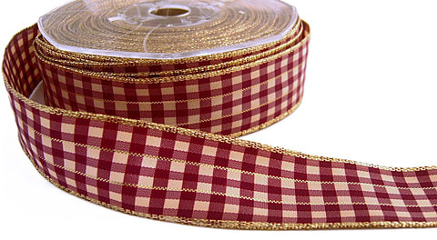 R1314 25mm Wine-Cream-Gold Gingham Ribbon-Metallic Edge-Stripes