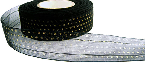 R1360 21mm Black Sheer Ribbon with a Gold Metallic Dot Design