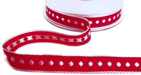 R1457 15mm Red-White Woven Silk Spots-Borders Ribbon by Berisfords