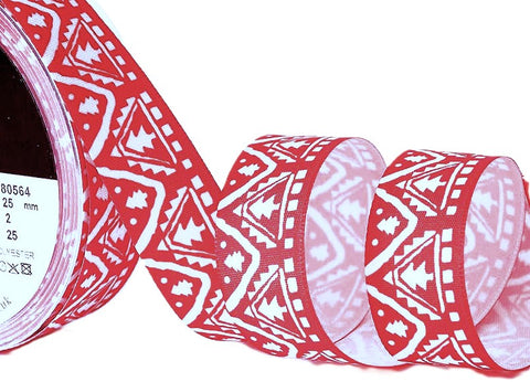 R1466 25mm Red-White Christmas Tree Rustic Taffeta Ribbon, Berisfords