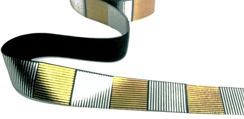 R1469 25mm Black-Silver-Gold Geometric Printed Satin Ribbon,Berisfords