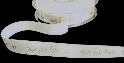 R1512 15mm Bridal-Gold Save The Date Printed Satin Ribbon, Berisfords