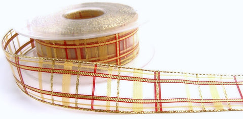 R1521 26mm Metallic Gold-Scarlet-Yellows Sheer Tartan Ribbon, Berisfords