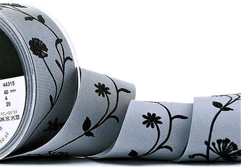 R1541 40mm Bluey Grey Grosgrain Ribbon, Black Flowery Print,Berisfords