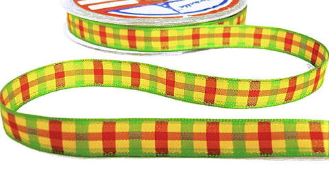 R2353 11mm Red-Deep Yellow-Lime Green Polyester Gingham Ribbon