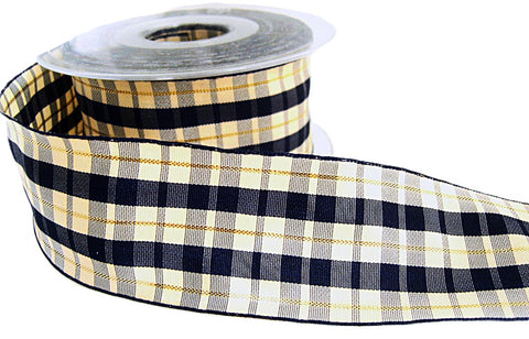 R2786 40mm Navy-Cream Tartan Ribbon with Thin Metallic Gold Stripes