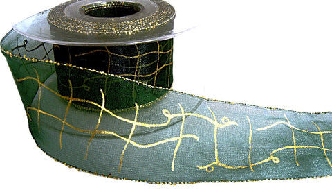 R3374 44mm Green-Metallic Gold Edge-Print Sheer Ribbon, Berisfords