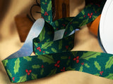 R3621 25mm Greens-Red Holly Berry Print Grosgrain Ribbon, Berisfords