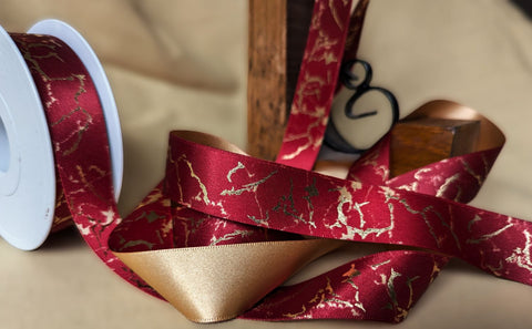 R3623 25mm Red-Gold Metallic Marble Print Ribbon by Berisfords