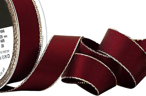 R4244 25mm Burgundy-Metlic Gold Edge Double Satin Ribbon by Berisfords