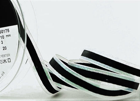 R4304 10mm White Iridescent Metallic-Black Stripe Ribbon by Berisfords