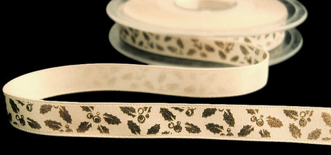 R4313 10mm Cream Satin Ribbon-Metallic Gold Holly Print, Berisfords