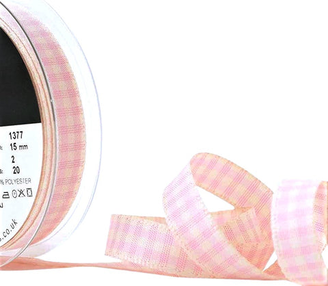 R5006 15mm Pale Pink-Natural Ivory Rustic Gingham Ribbon by Berisfords