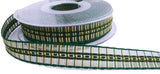 Width: 25mm Colour: Bottle Green, Forest Green and Gold Berisfords Seersucker Tartan Ribbon with Woven Metallic, Translucent Sheer and Satin Elements