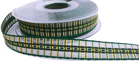 Width: 25mm Colour: Bottle Green, Forest Green and Gold Berisfords Seersucker Tartan Ribbon with Woven Metallic, Translucent Sheer and Satin Elements