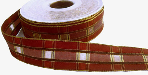 R5648 25mm Rusts, Brown, Sheer and Metallic Gold Geometric Tartan Ribbon