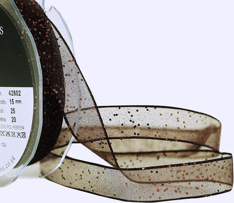 R6126 16mm Dark Brown Super Sheer Random Metallic Glitter Ribbon