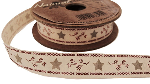 R6603 15mm Natural Star-Sprigs Christmas Print Ribbon by Berisfords