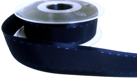 R6945 25mm Navy Satin-Taffeta Centre Retro Stitch Ribbon by Berisfords