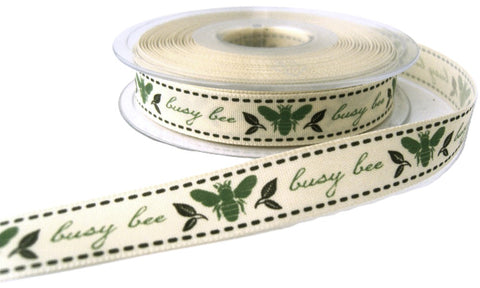 R7000 15mm Natural Busy Bee Print Rustic Taffeta Ribbon by Berisfords