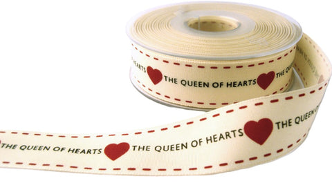 R7002 25mm Cream-Red Rustic Taffeta Queen of Hearts Ribbon, Berisfords