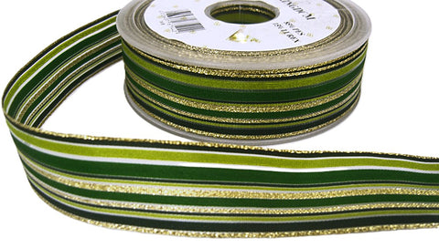 R7047 25mm Greens-Gold Metallic-Solid-Sheer Stripe Berisfords Ribbon