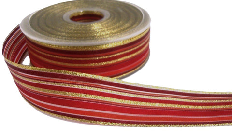 R7056 25mm Burgundy-Red-Orange-Gold Solid-Sheer Striped Ribbon