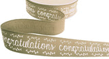 R7083 25mm Oatmeal Congratulations Printed Hopsack Ribbon, Berisfords