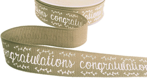 R7083 25mm Oatmeal Congratulations Printed Hopsack Ribbon, Berisfords