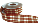 R7114 40mm Rust and Cream Tartan Ribbon with Copper Metallic Stripes