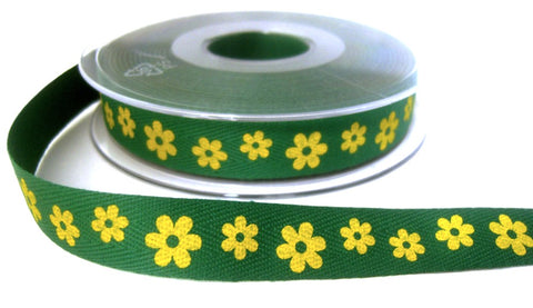 R7210 15mm Printed Green Cotton Tape Ribbon with a Yellow Daisy Design