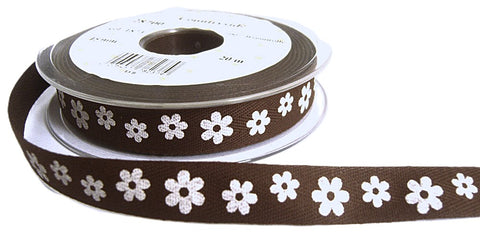 R7217 15mm Brown-White Daisy Printed Cotton Ribbon Tape, Berisfords