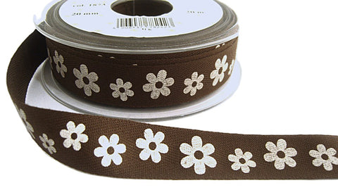 R7218 20mm Brown-White Daisy Printed Cotton Ribbon Tape, Berisfords