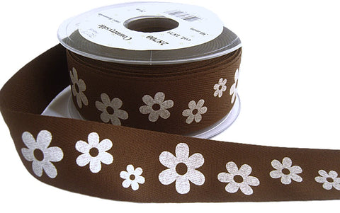 R7219C 30mm Brown-White Daisy Printed Cotton Ribbon Tape, Berisfords