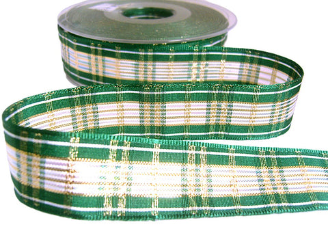 R7539 25mm Green-White-Metallic Gold-Iridescent Plaid Ribbon,Berisfords