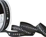 R7746 15mm Charcoal congratulations Print Grosgrain Ribbon, Berisfords