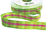 R7754 15mm Greens-Fuchsia Pink Banded Gingham Ribbon by Berisfords