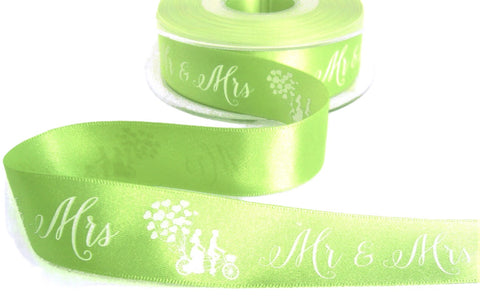 R7856 25mm Green Mr & Mrs Wedding Printed Satin Ribbon by Berisfords